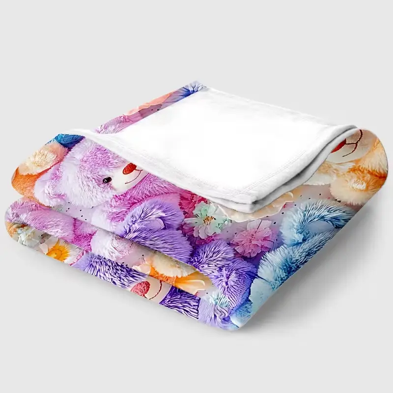 Girly-style colorful teddy bear and floral throw blanket – cartoon teddy bear flannel blanket suitable for all seasons.