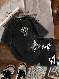 Men's Fashion Casual Two-Piece Set, Lightning Cross Pattern Print Cotton T-Shirt and Loose Shorts, Summer Must-Have