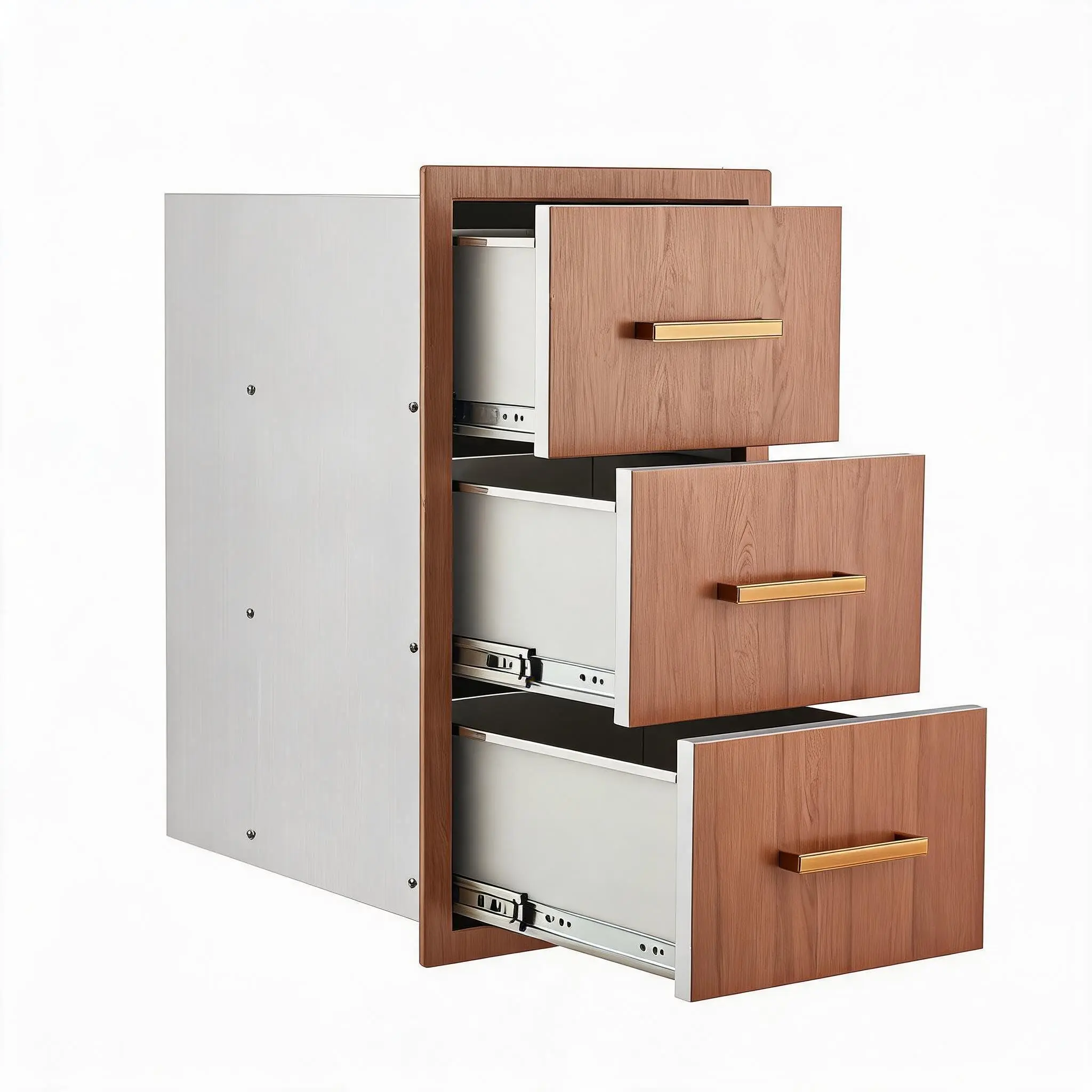 Outdoor Kitchen Drawers 16W x 28.5H x 20.5D, Flush Mount Triple Drawer Storage Cabinet, Stainless Steel, Weatherproof with Ergonomic Handles for BBQ Island & Patio Grill, Brown Grain