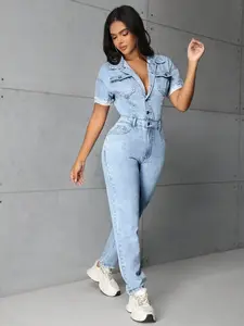 Women's Spring & Fall Loose-Fit Denim Romper, Casual Fashion with Single Button Closure, Slimming Straight Leg Design, Plain Pattern