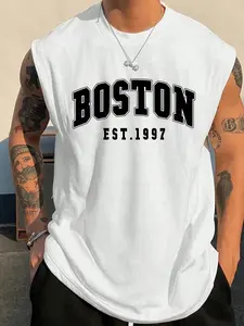 BOSTON EST.1997' American College Style White Oversized Sleeveless Tank Top, Casual Streetwear Top, Casual Style Graphic, Soft Comfortable Fabric, Bold Varsity Aesthetic, Trendy Loose-Fit, Eye-Catching Chest Print, Versatile Daily Wear