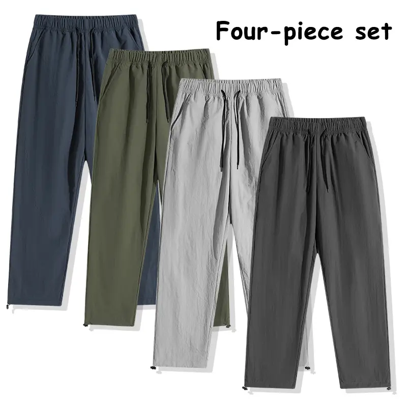 4-piece set: drawstring hiking pants, elastic-waist relaxed-fit joggers, breathable everyday streetwear trousers