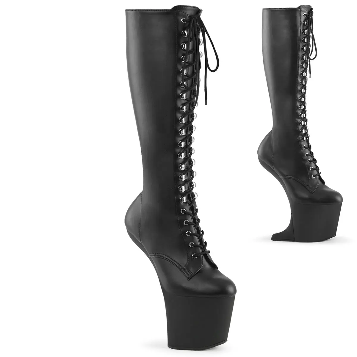 Women's Lace Knee-High Faux-Leather Wedges - 8 In Heelless Black Stretch Construction Zip Footwear, 2023 Trendy Platform Synthetic Shoes, Boot, Faux-Leather Wedges & Flatform, Stretch Pu, Convertible Heel Wedges & Flatform
