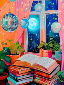 5D DIY Full Drill Diamond Painting Kit Cozy Book Nook with Disco Balls & Moonlit Window Art Craft for Adults Home Wall Decor