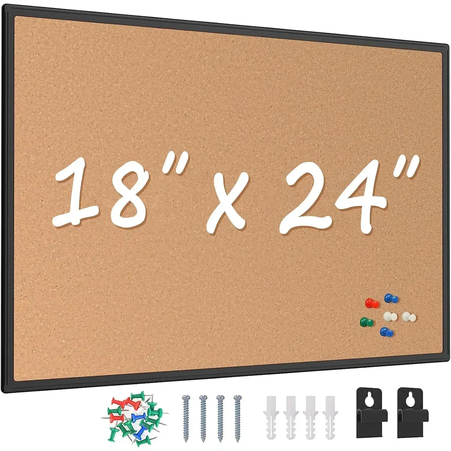Cork Board Bulletin Board 24 x 18, Black Aluminium Framed Corkboard, Office Board for Wall Cork, Large Wall Mounted Notice Pin Board with 16 Push Pins for School, Home & Office