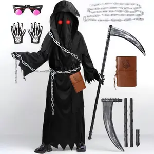 L-A36    Grim Reaper Costume for Kids and Boys - Scary Halloween Outfit Complete with Scythe Glowing Eyes Gloves Chain and Notebook