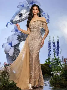 Womenswear Champagne Beaded 1-Shoulder Long-Sleeve Mermaid Evening Gown, Formal Dress for Prom, Wedding Guest