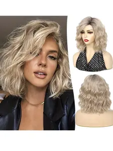 Women's 14-Inch Ombre Blonde & Wigs, Shoulder-Length Curly Wave Design, Middle Part Wavy Bob, Synthetic Heat-Resistant Fiber