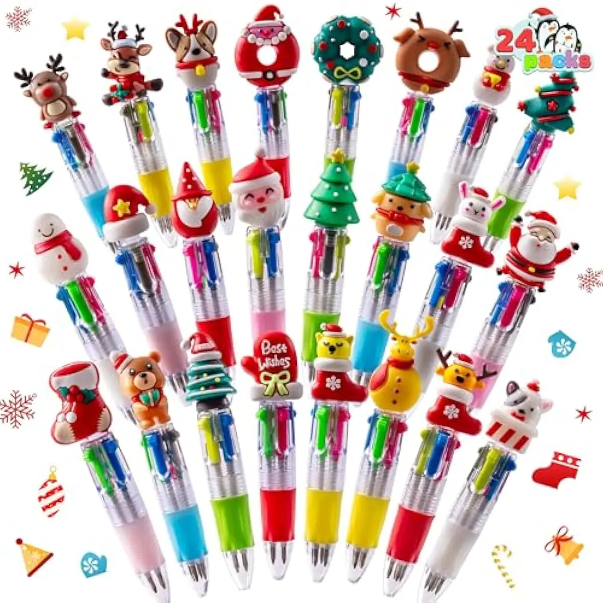 24 PCS Christmas Multicolor Pens Bulk For Kids, 4 Colors in 1 Ballpoint Pen for Xmas Party Favors, Christmas Stocking Stuffers For Students Teacher Classroom Prize Gifts, Goodie Bag Fillers