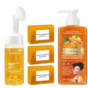 Turmeric Vitamin C Scrub Shower Gel + Lemon Turmeric Soap+Cleansing mousse，The gentle turmeric and honey formula deeply cleanses and moisturizes