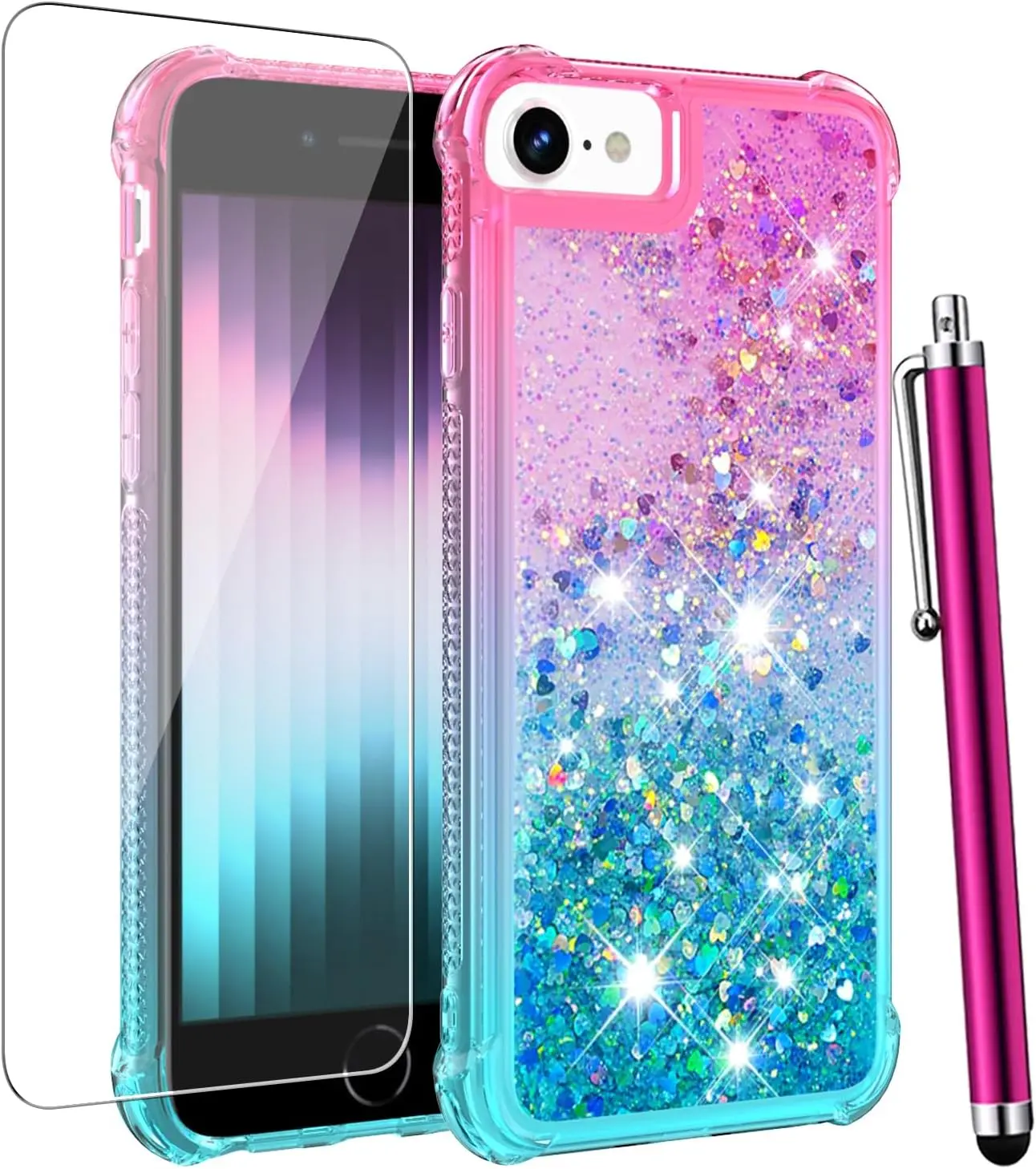 for  SE Case 2022(3rd Gen)/ SE 2020 Case(2nd Gen)/ 8 Case/ 7 Case with Screen Protector, Glitter Bling Floating Liquid Women Girls Cute Shockproof Phone Case-/Blue