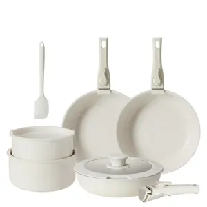 12 Pcs Non-Stick Cookware Set, Pots and Pans Set, with Spatula & Detachable Handle for Kitchen, Beige