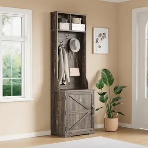 Farmhouse Narrow Entryway Coat Rack with Shoe Storage and Bench, Small Hall Tree with 5 Hooks, 2 Open Cubbies and Barn Door Cabinet, Compact Organizer for Hallway Mudroom Foyer