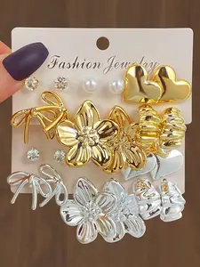 Elegant Heart-Shaped Five-Petal Flower Fashion Earrings for Women , Asymmetrical Metallic Design, Perfect for Everyday Wear and Special Occasions Gift