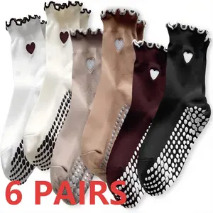 6 Pairs of Grip Socks Pilates, Cute Pilates Socks for Women, Ruffle Grippy Sock for Yoga Barre Hospital 5-10In