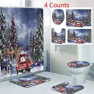 Christmas Themed Shower Curtain Set, 4 Counts/set Shower Curtain & Toilet Lid Cover & Mat & U-shaped Mat, Bathroom Accessories