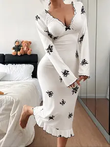 Women's Long Sleeve Sleepwear, Lady, Womenswear, Ruffled, Striped Floral Print Design, V-Neck Style with Ruffles & Decorative Bow, Perfect for Comfortable Nights