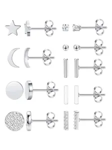 9 Pairs Stainless Steel Stud Earrings for Women Star Moon Bar CZ Earring Stud Sets Cute Hypoallergenic Small Stud Earring