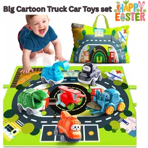 Unisex Big Cartoon Truck Toy Set with Playmat and Storage Bag, Push Car Toys for 12-18 Months Toddlers, 1-2 Year Old Baby First Birthday-Easter Gift