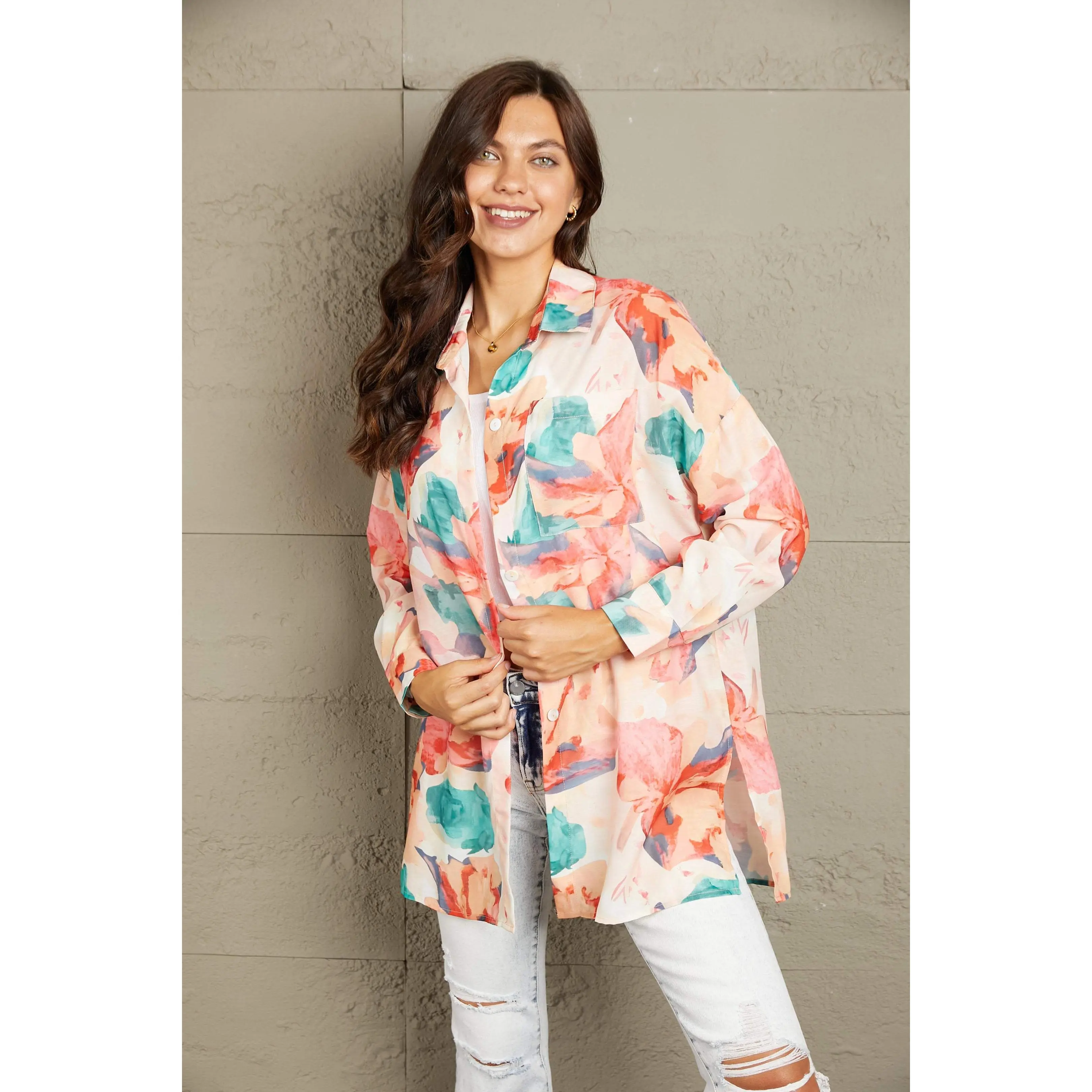 Double Take Floral Long Sleeve Slit Longline Shirt