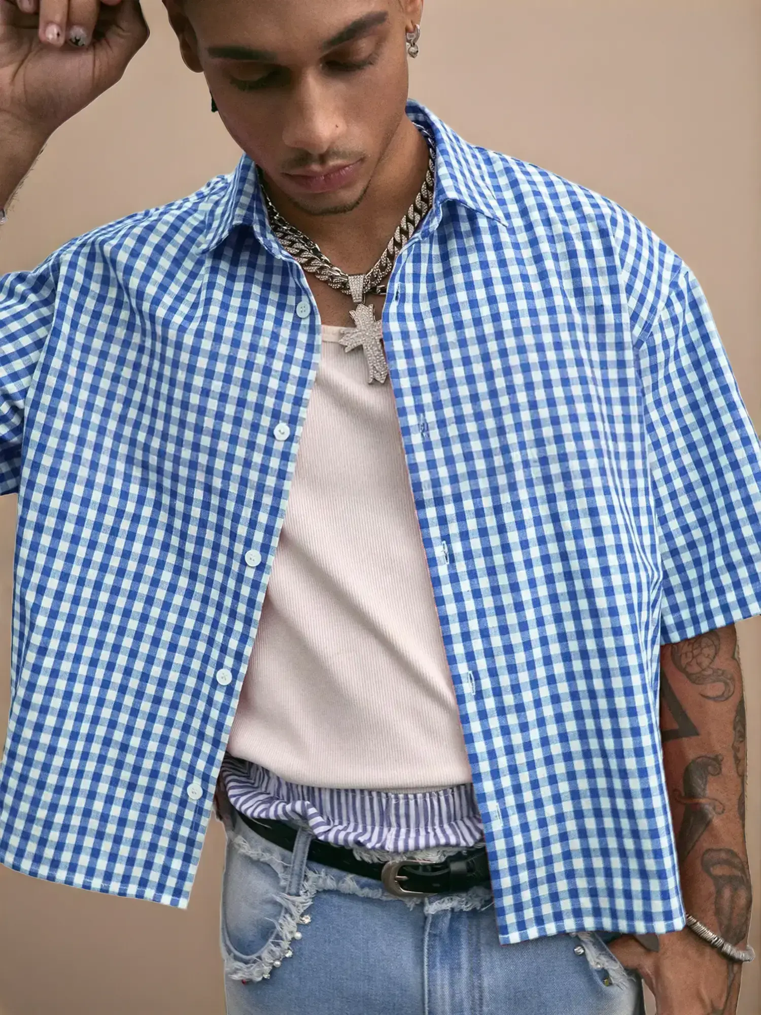 Men's Plaid Short Sleeve Shirt, Casual Collared, High Street Retro Style, Casual Fashion Breathable, Summer Woven Fabric, Fitted Design, Outdoor Wear, Tops, Casual Trendy Shirt