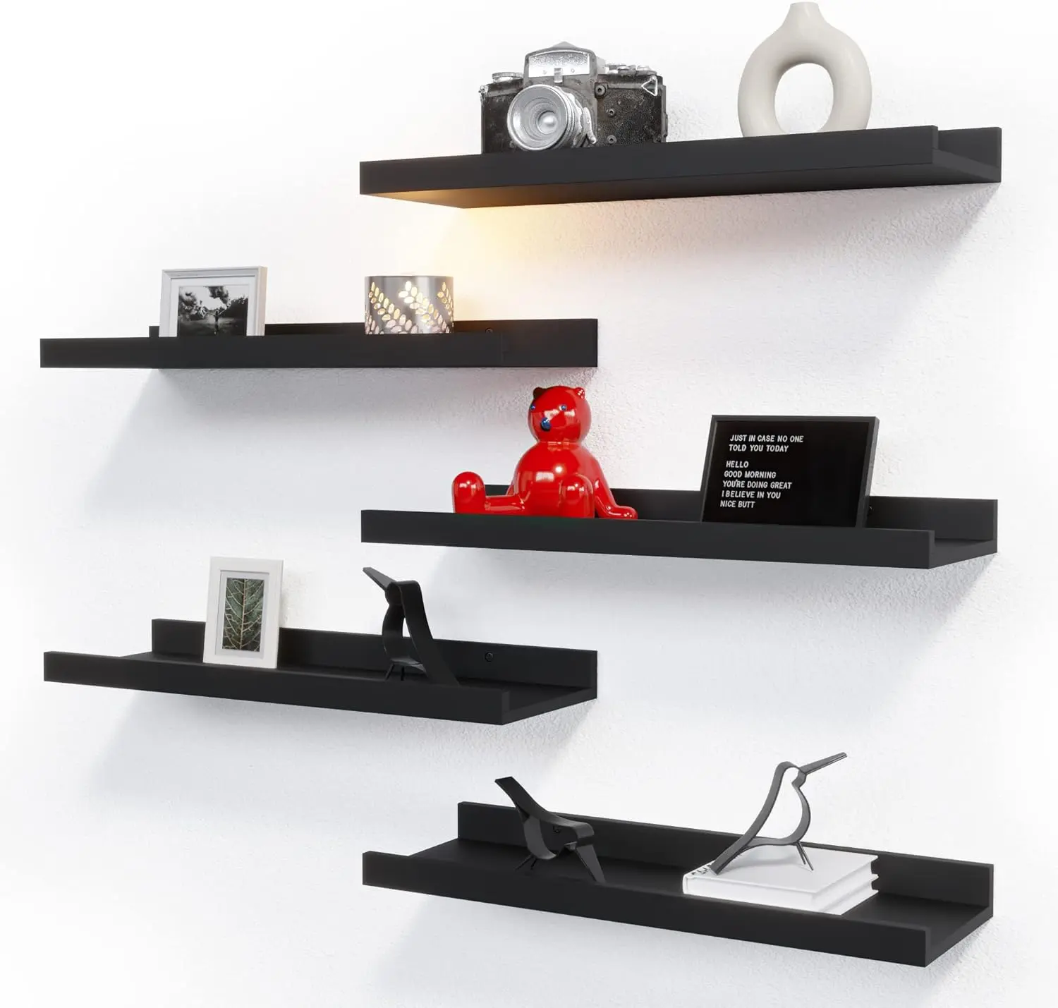 5 Set Floating Wall Mounted Shelves, Black Shelves for Wall Decor, Modern Picture Ledge Shelf with Lip for Storage, Nursery, Bedroom, Living Room, Bathroom - Black Kitchen Wood Wooden Farmhouse