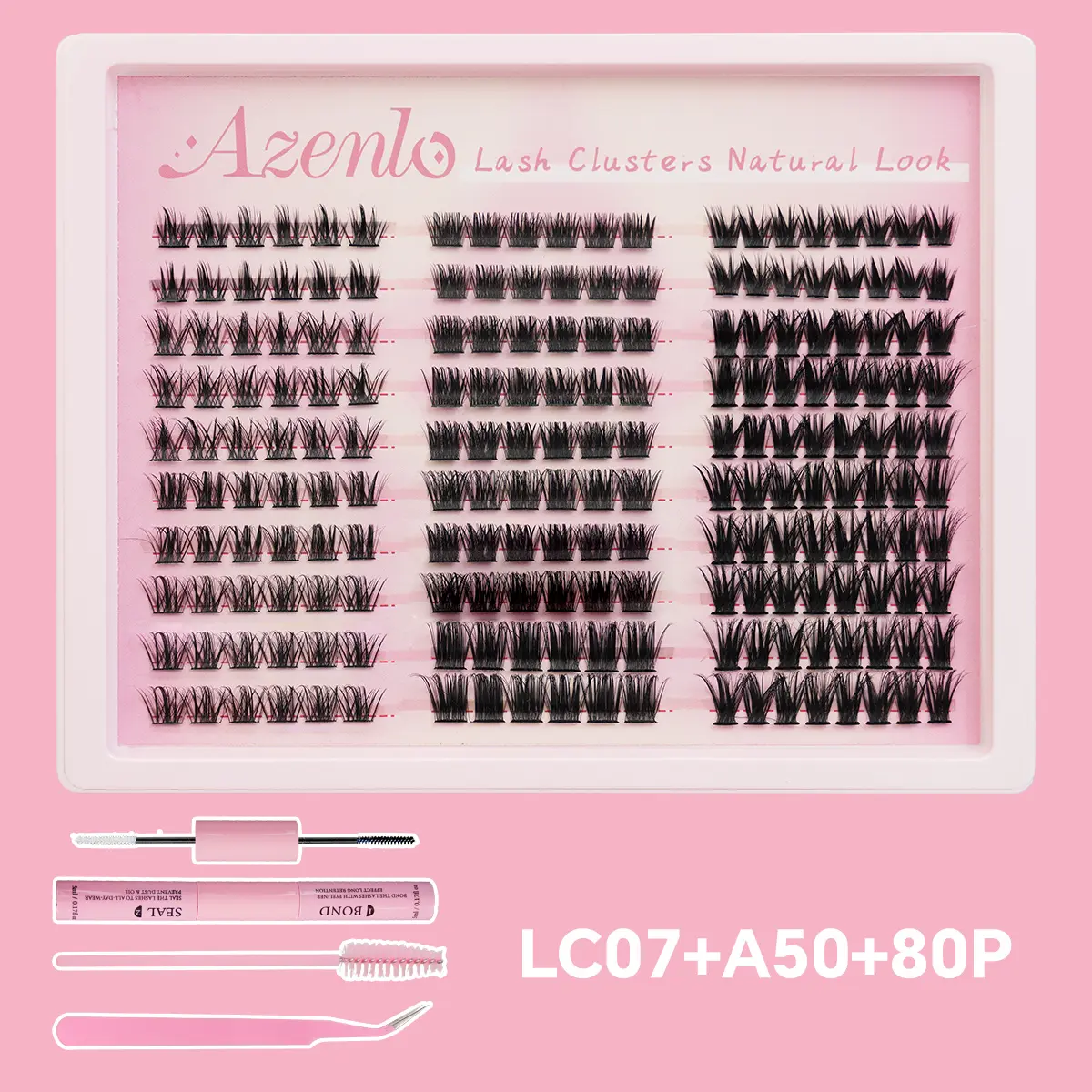 AZENLO FASH Hybrid False Eyelash Set, lc07+a50+80p Flat Powder Tow DlY Natural Eyelash Extension with Eyelash Adhesive, Sealant, Tweezers, Brush Automatic Eyelash Extension for Curled Eyelashes, Eye Makeup Enhancing False Eyelash, Cosmetic