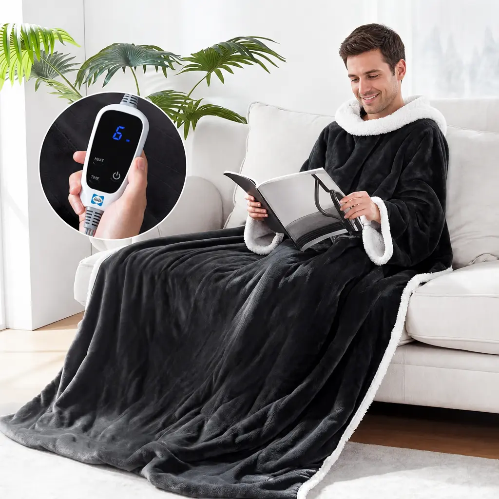 JOLLYVOGUE Wearable Heated Blanket - Heating Electric Blanket with Sleeves & Foot Pocket, Heated Throw for Adult, Birthday Gifts with 7 Heat Settings & Fixed 4h Auto Shut-Off (50 * 70 Inch), Home Office Use
