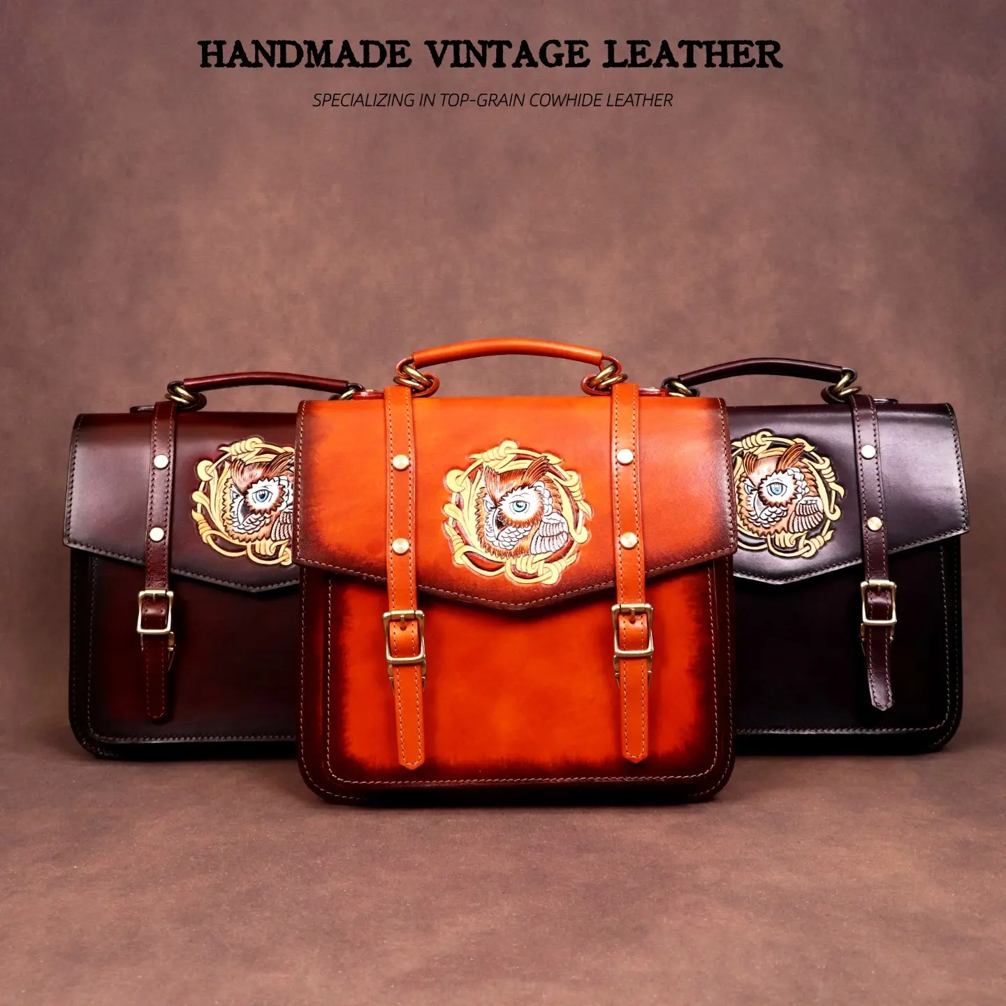 Hand Carved Owl Vegetable Tanned Cowhide Satchel Bag | Adjustable Detachable Strap, 2-Way Single Shoulder & Crossbody Vintage Leather Messenger Purse, 3 Colors
