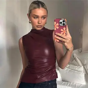 Chantal Red Leather Top - Asymmetrical Design, High Neck, Comfortable Fit, Elegant Style for Women Womenswear Basic