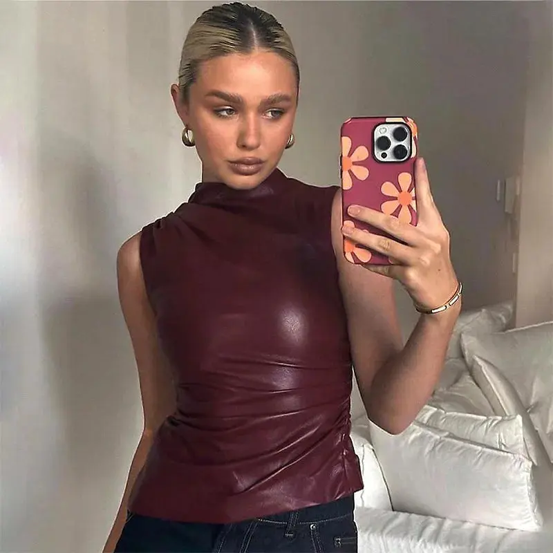 Chantal Red Leather Top - Asymmetrical Design, High Neck, Comfortable Fit, Elegant Style for Women Womenswear Basic