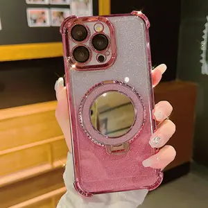 Glitter Rhinestone Decor Phone Case with Mirror Holder, Shockproof Phone Protective Cover, Phone Accessory Compatible with iPhone 16 Pro Max 14 Plus 13 12 11 Pro Max, Casing