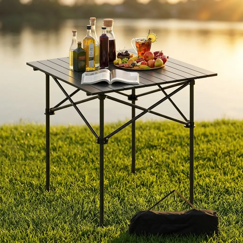Roll Up Folding Portable Square Camping Table - Aluminum Outdoor Furniture with Heavy Duty Anti-Deformation X-Frame Legs, 150 lbs Max Load, 8 lbs Lightweight, Snap Lock Quick Setup, Weatherproof Scratch Resistant Table for Tailgating, Hiking, RV Travel
