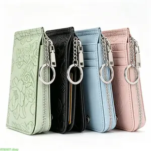 Ladies Slim Multi Slot Card Wallet, Floral Embossed Faux Leather Zipper Coin Pocket With Removable Metal Key Ring, Portable Lightweight Card Purse For Daily Grocery Shopping Short Distance Travel And Everyday Outdoor Carrying Needs