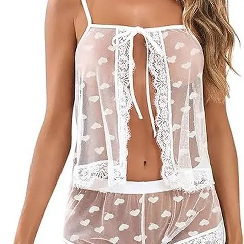 Kolagri Women's 2-Piece Luxurious Silk Satin Lace Spaghetti Strap Pajama Set - Breathable Bridal Nightwear with Adjustable Bow Ties, Elastic Drawstring Heart Print High-Waist Sheer Cami Shorts, Comfortable Fashion Lingerie, Ideal Gift for Girlfriend
