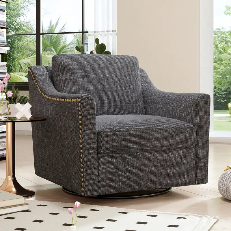 360 Degree Swivel Armchair Cotton Linen Skin-Friendly Fabric Ergonomic Design Brass Nail Decorative Armchair Living Room Chairs Bedroom Chairs Black legs Suitable for Indoor Homes