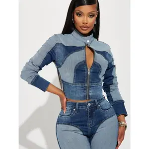 Women’s two-tone denim moto jacket (medium wash), cotton–spandex blend; zip closure; cropped garment; casual striped long sleeves; viscose/polyester crewneck sweatshirt set; flared waist lounge wear