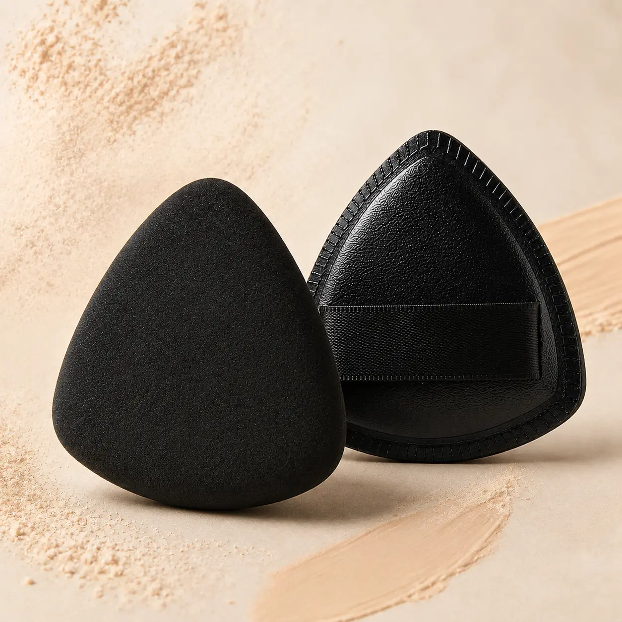 1PC Black Triangle Makeup Puff, Dual-Sided Soft Sponge Applicator with Secure Finger Strap, Wet & Dry Blending Tool for Foundation, Concealer, Powder and Daily Face Makeup
