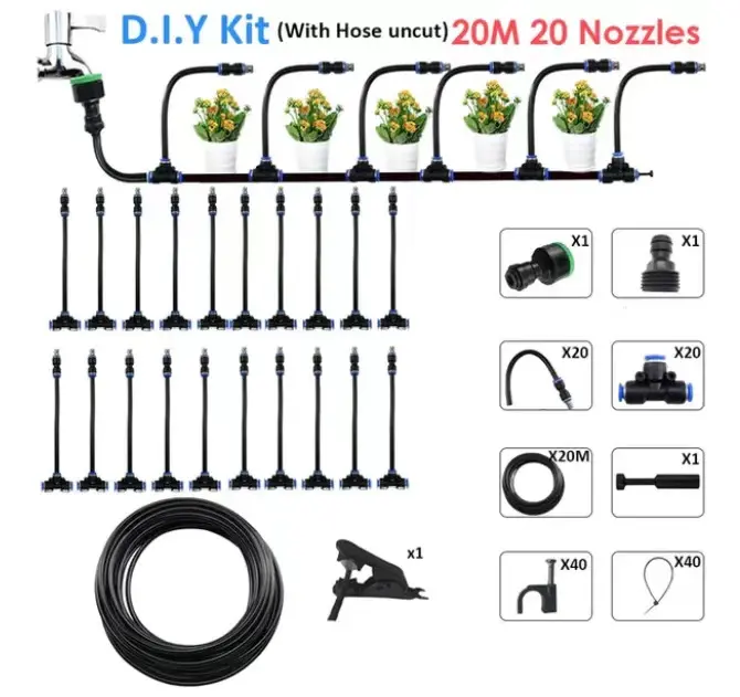 20cm 360° Adjustable & Bending Mist Nozzle, Garden Hose Connector, Plastic+Brass Push-Lock Joint, 6mm PU Hose Quick-Fitting Tool for Garden Watering (6-20M Range)