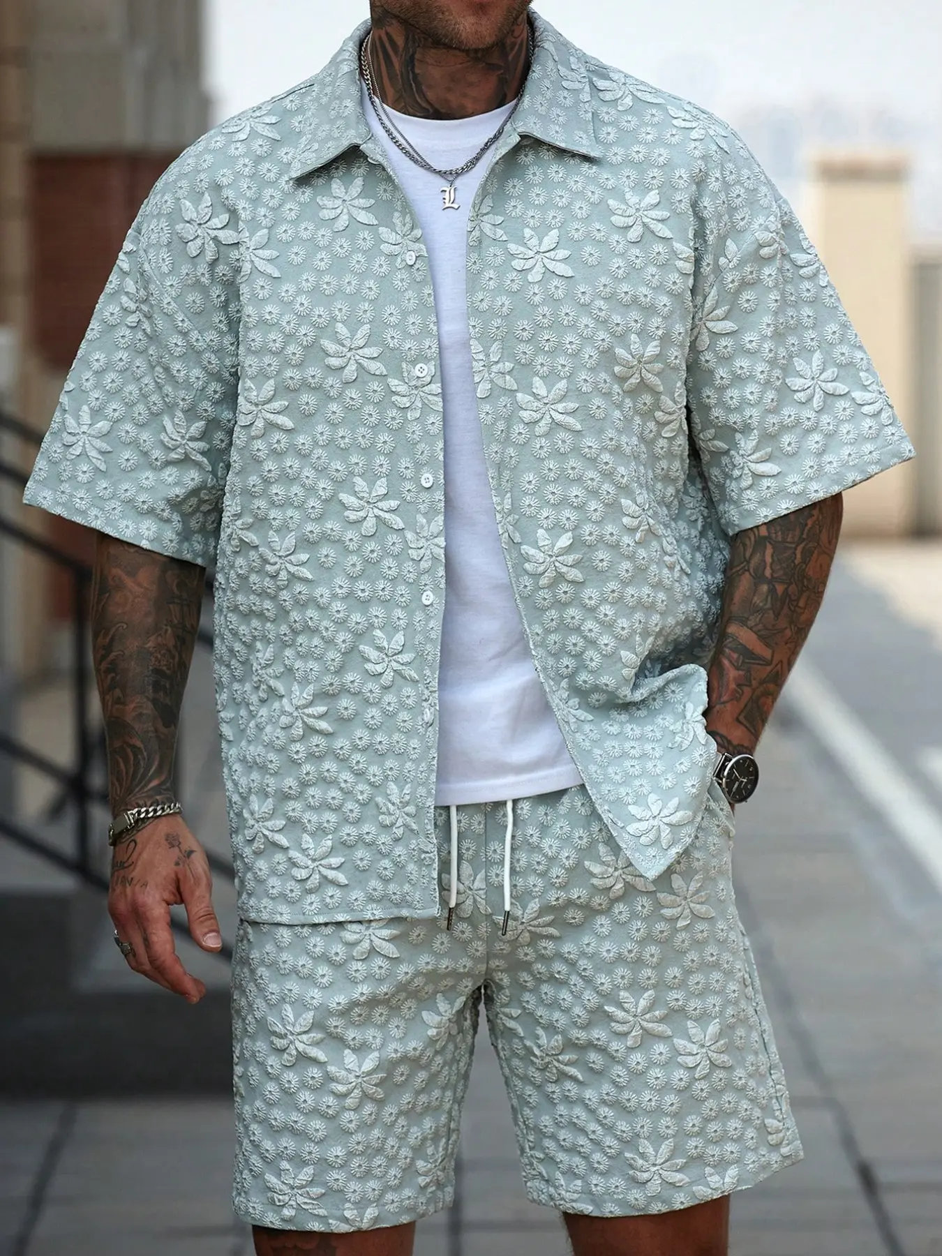 Men's Two-Piece Set Short Sleeve Tropical Floral Shirt and Shorts, Casual Button Front Top and Pants, Summer Clothes for Vacation and Beach