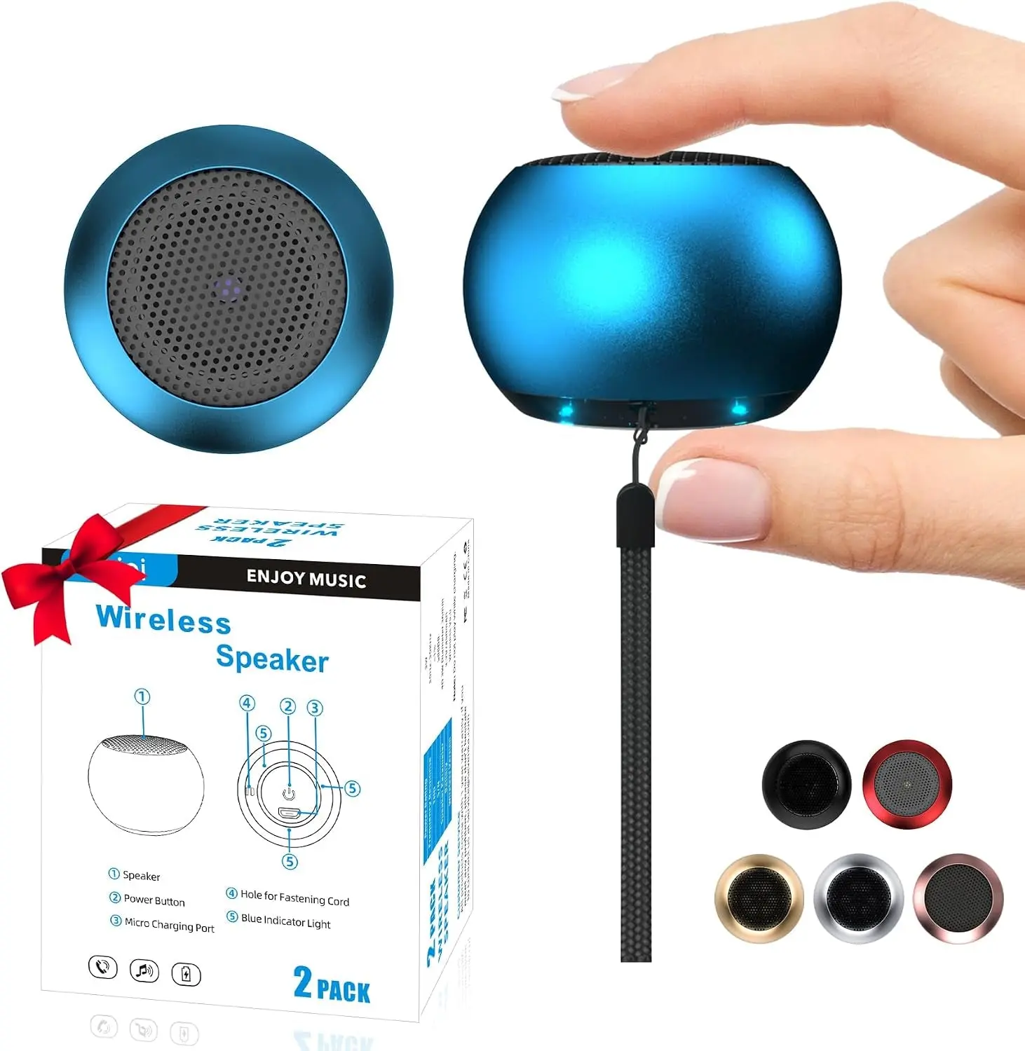 2Pack Portable Mini Speakers, Bluetooth Tiny Speaker,Rechargeable Wireless Micro Speaker for Phone/Pc/Tablet, Built-In Microphone, Cute Mini Speakers with Strap to Carry, Blue