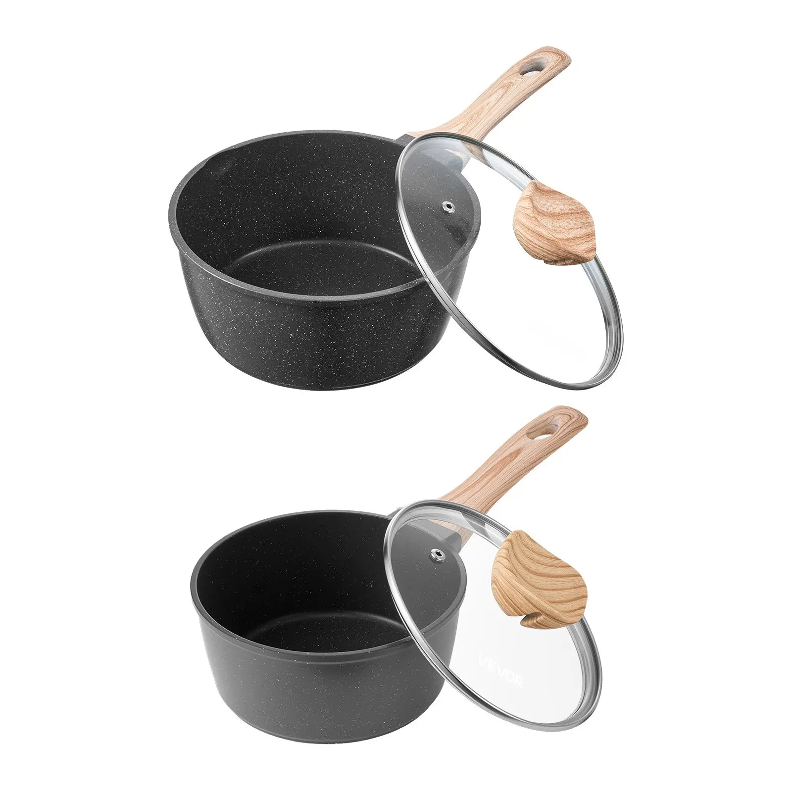 VEVOR Nonstick Aluminium Saucepan Set Pack, 1.5 QT & 2.5 QT Cookware with Speckled Coat, Glass Lids, Detachable Handles, Induction Safe, Multipurpose Black Kitchen Sauce Pots