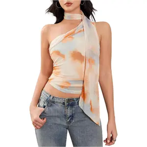 Women's Leopard Print Halter Crop Top Ruched Sleeveless Mesh Shirt with Scarf Y2k