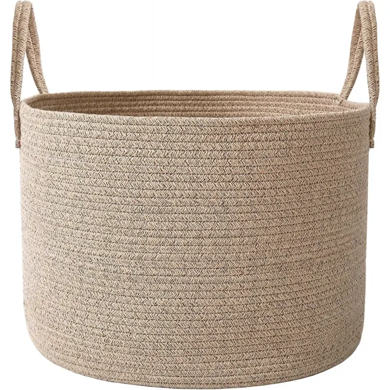 65L Extra Large Blanket Basket for Living Room - Woven Cotton Rope Laundry Hamper with Reinforced Handles - Storage Bin for Pillows, Comforters & Toys - Machine Wash