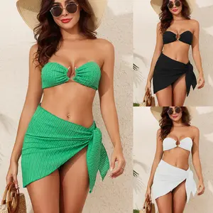 2026 Women's Two-Piece Swimsuit European and American Style Backless Sexy Solid Color Bikini Mesh Bikini Three-Piece Swimwear