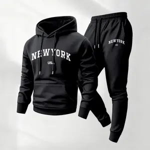 Men's New York Printed Hoodie and Drawstring Sweatpants Set, Menswear, Casual Athletic Long Sleeve Hooded Jacket & Trousers for Fall & Winter, Men's Clothing for Daily Wear, Sportswear Indoor Outdoor, Tracksuit, Athleisure Summer Clothes