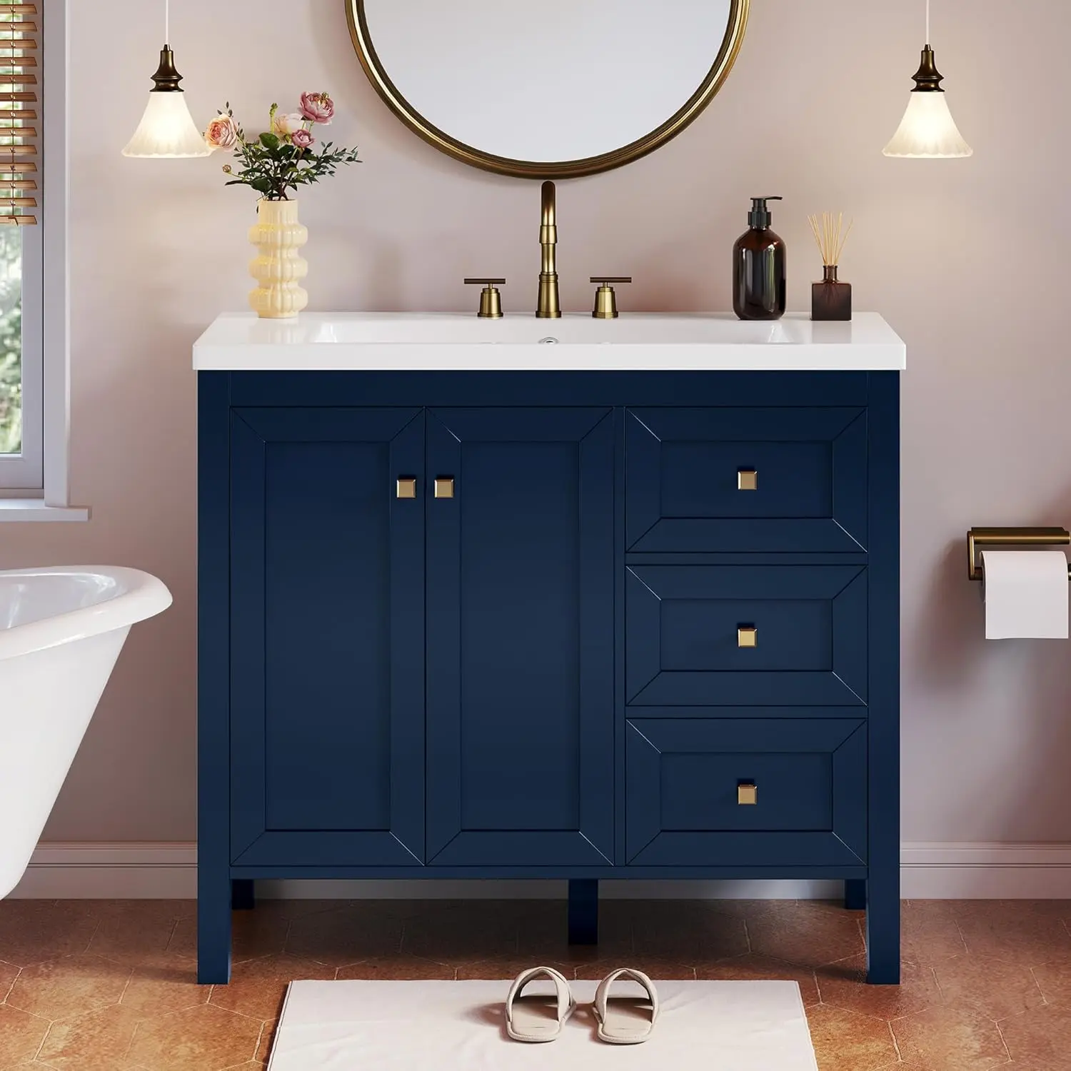 YITAHOME 36" Bathroom Vanity with Sink Set | Vintage Bathroom Cabinet Vanity with Resin Basin, Extra Large Storage with 2 Soft-Closing Doors & 3 Drawers, Navy Blue