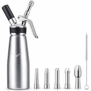 Professional Aluminum Whipped Cream Dispenser – Leak-Resistant Whip Cream Maker with 5 Stainless Steel Decorating Nozzles & Cleaning Brush – 1-Pint / 500 mL Cream Whipper