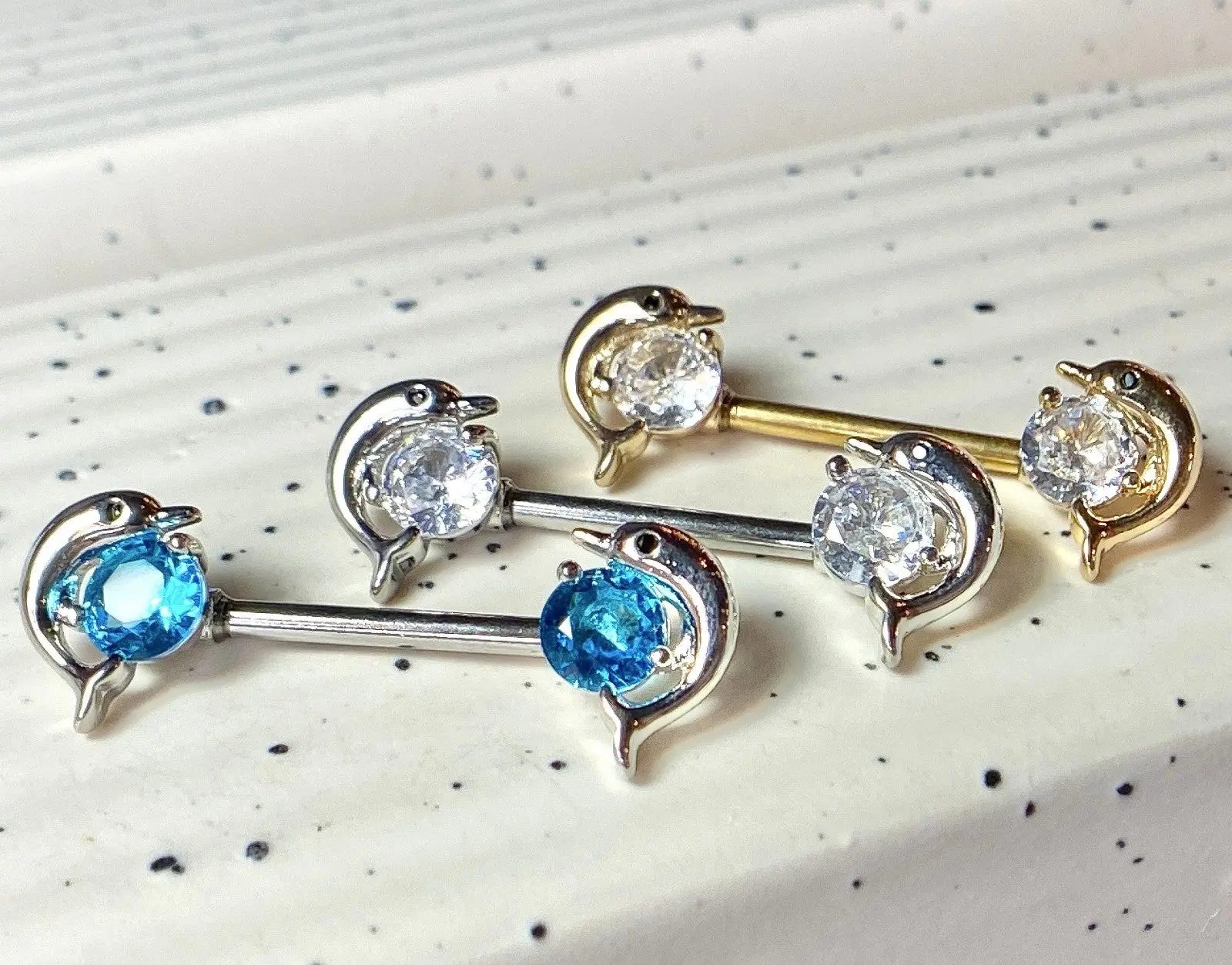 PAIR Dolphin Gem Ends Nipple Rings Shields Barbells Body Jewelry
