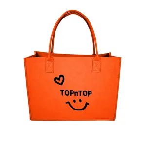 Happy Smiley Face Felt Tote Bag - Orange Heart Accent Large Capacity Handbag for Daily Use